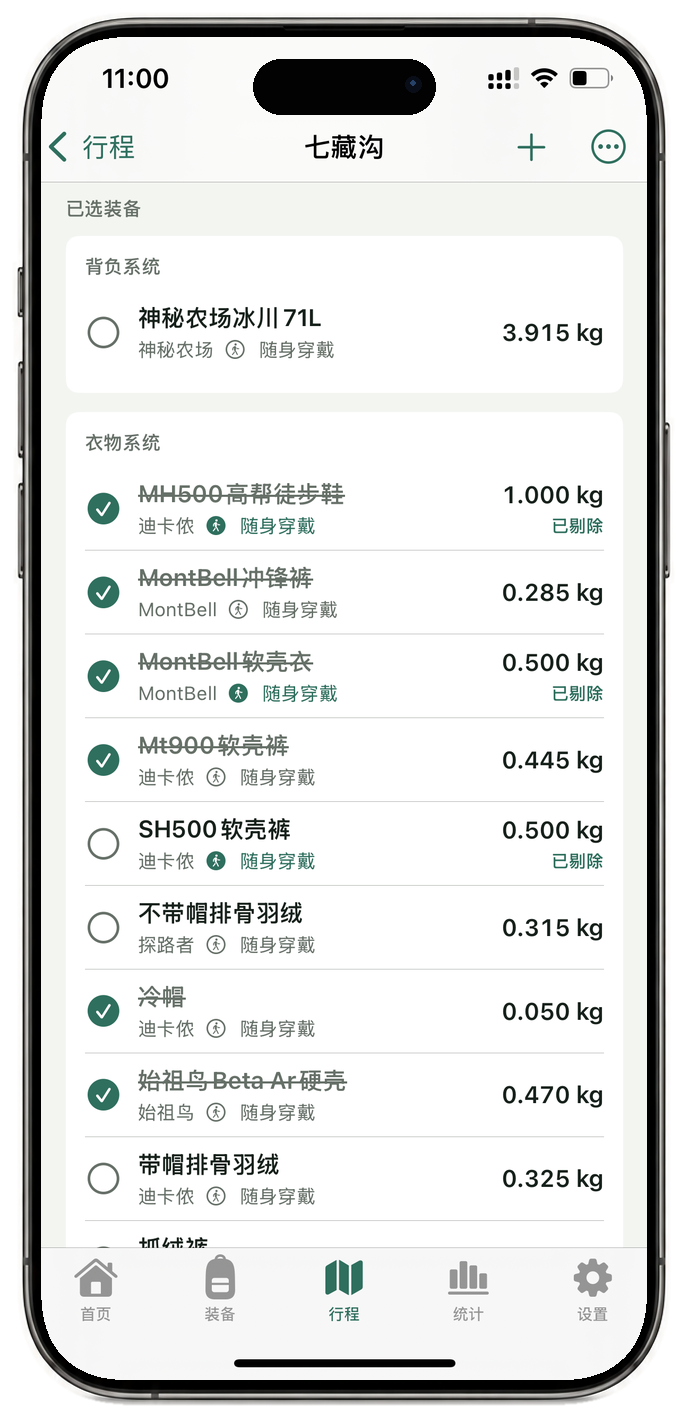 HikerKit 中文已选装备清单
